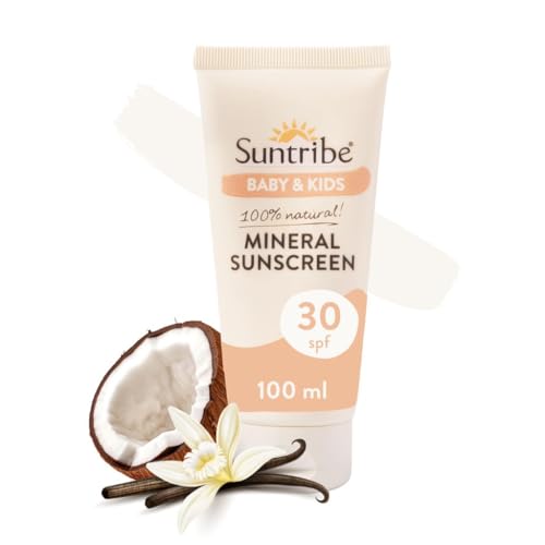 Crema Solar Mineral Niños & Bebés FPS 30 Suntribe - Con Vainilla Natural - Orgánica & Suave en la Piel - Filtro UV Mineral (Òxido de Zinc No Nano) - Resistente al Agua - 8 Ingredientes (100 ml)