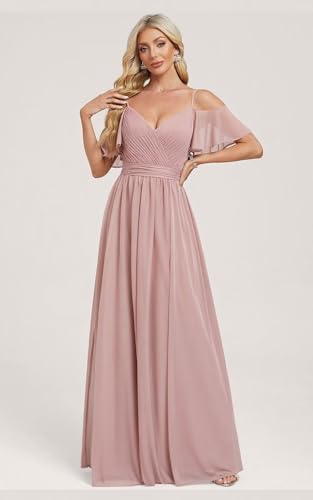 Women’s Off Shoulder Chiffon Bridesmaid Dresses Long for Wedding with Slit Flutter Sleeves Ruched Formal Gowns3