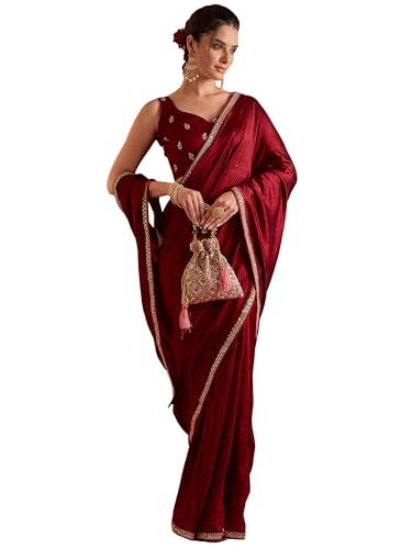 Image of AKHILAM Women's Shimmer Pure Georgette Embroidered Ready To Wear one Minute Saree With Unstitched Blouse Piece