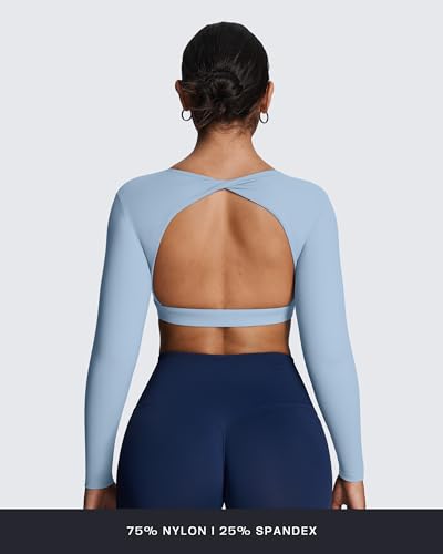 Image of Aoxjox Women's Define Sculpt Long Sleeve Crop Tops | buttery soft fabric,curved hem,hollow back, low support, removable pads, workouts,yoga,gym, daily wear