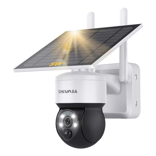 SHIWOJIA Wireless WiFi Solar Camera, 5W Solar Panel, 2K Security Camera Outdoor, Color Night Vision, PIR Human Detection