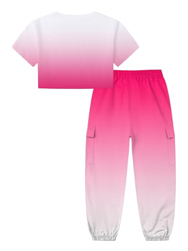 Image of Betusline Girls' Gradient Short Sleeve Crop Tops & Cargo Pants Set, Regular Fit，Perfect for Young Girl，Rose Pink Gradient, 9-10 Years = Tag 150