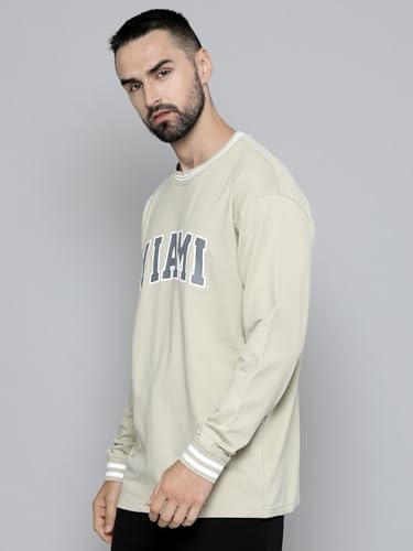 Image of Maniac Mens Miami Printed Round Neck Beige Fullsleeve Cotton Oversized T-Shirt