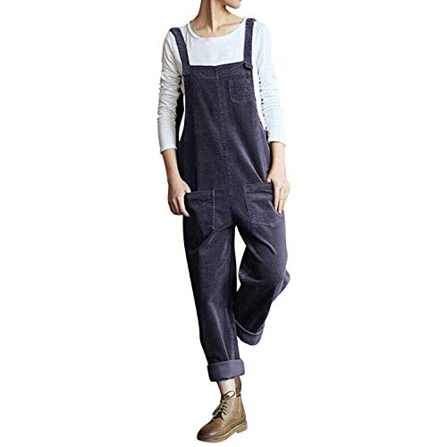 Petalum Salopette Femme Pantalon Bretelle en Velour Côtelé Combinaison Sans Manches Décontracté Ample Jumpsuit de Travail avec Poches pour Printemps (Bleu Marine, Taille 44(XL)) Cover