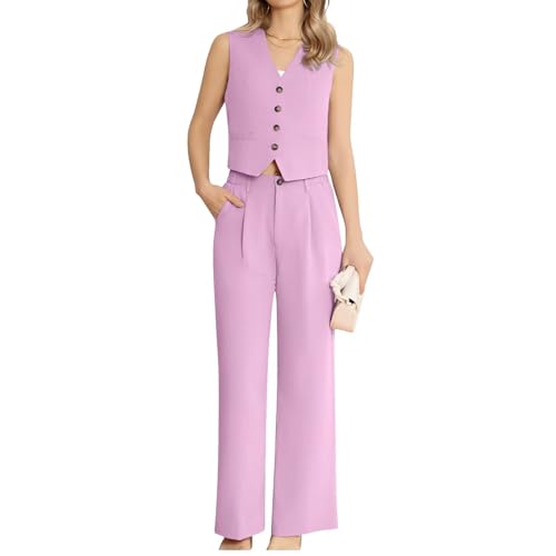 Women's 2 Piece Suit Linen Casual Lightweight Button Front Vest Sleeveless V Neck Vest Jacket and Pants4