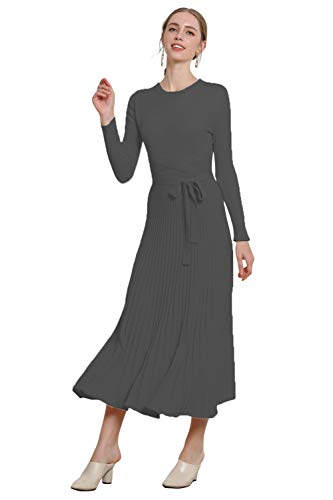 Image of Women's Long Knit Crewneck Sweater Dress Tie Waist A-Line Swing Pleated Bodycon