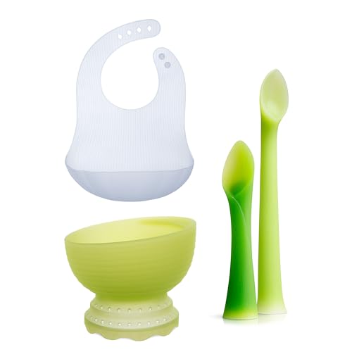 Olababy First Feeding Set + Olababy Fold N Go Silicone Baby Bib w Travel Case (Blueberry)