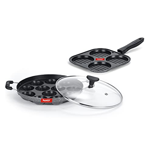Image of Sumeet NonStick Twin Star Cookware Set (Grill Appam Patra with Glass Lid - 12 Cavity - 22cm Dia + Mini Multi Snack Maker - 4 Cavity -19.5cm)