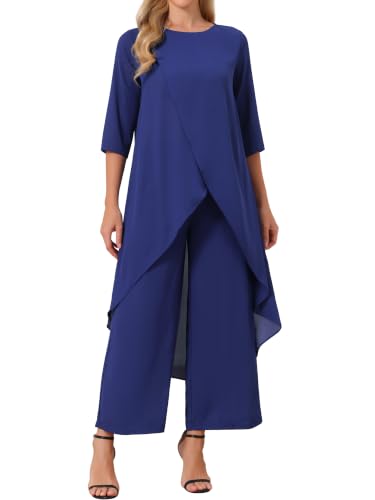 Seta T, completo da donna in 2 pezzi, set estivo di pantaloni e top in chiffon, taille alta-bassa, outfit formale per ospiti a matrimoni, Blu reale, M