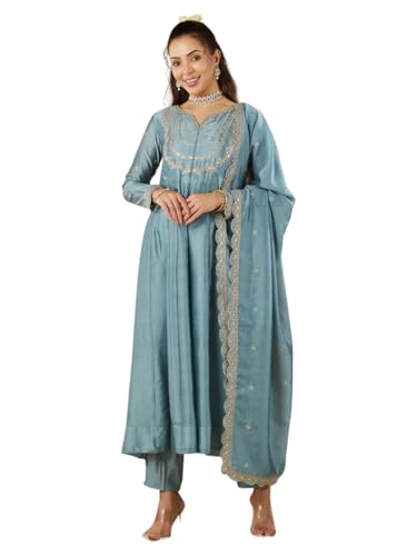 MOKOSH Women’s Silk Embroidered Teal Blue Kurta Pant Dupatta Set (444-01-M)