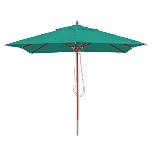 Mendler Gastronomie Holz-Sonnenschirm HWC-C57, Gartenschirm, Polyester/Holz 14kg, eckig 3x3m Seilzug stoßsicher - blau-grün