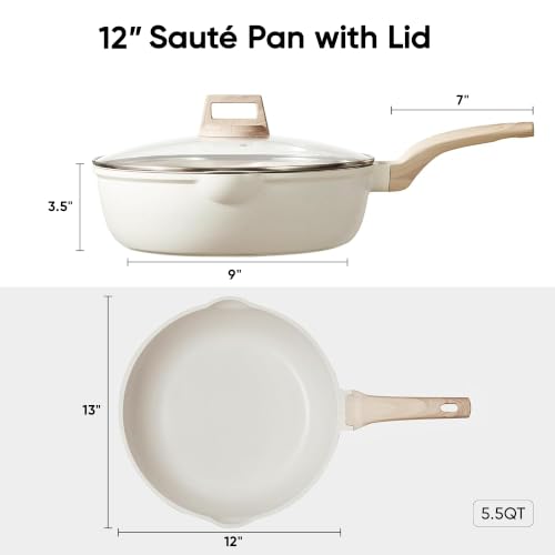 Image of CAROTE 6.5 Quart Deep Frying Pan Nonstick Saute Pan With Lid Deep Skillet Pan 12.5 Inch, PFOA Free