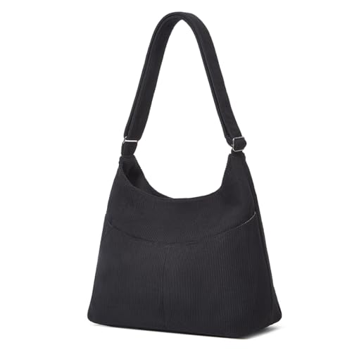 Funtlend Umhängetasche Damen Mittelgroß Cord Tasche Crossbody Hobo Bag mit verstellbarem Gurt und weichem Baumwollstoff Handtasche für Arbeit Uni Schule und Shopping (Schwarz)