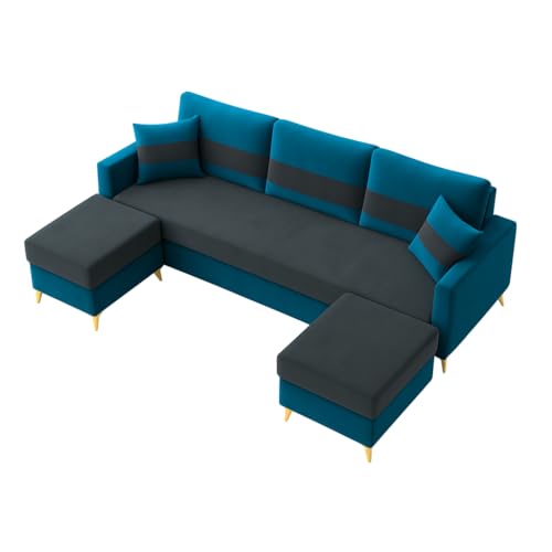 Image of SOCOZI Bravelle 5 Seater L Shape Sofa Set with 2 Movable Ottomans | Flexible Layout | Soft Velvet Suede Fabric|Modern Sofa with Golden Legs | Plush Comfort Cushions for Living Room (Teal Blue-Grey)