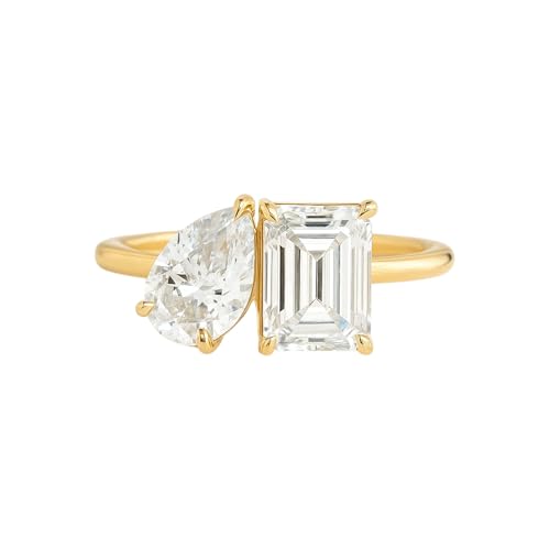 3.5 CT Emerald And Pear Cut Lab Grown Engagement Two Stone Ring 18K Solid Yellow Gold You And Me Promise Ring Bridesmaid Handmade Jewelry Proposal Gift For love
