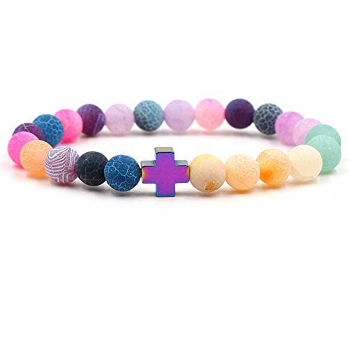 Bracelet de perles en pierre naturelle d'agate et sa croix violette haut de gamme