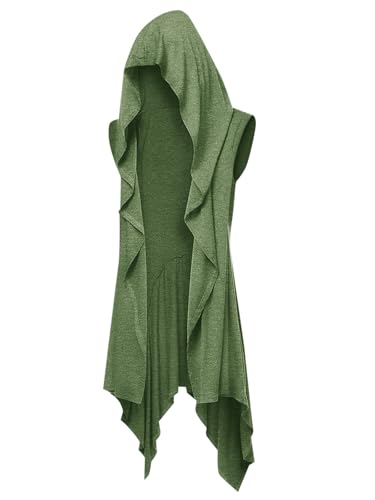 Runcati Chaqueta con volantes para hombre con capucha larga, sin mangas, cuello de bufanda, cárdigan drapeado, color liso, capa ligera, Verde militar., M