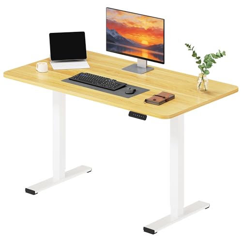 SANODESK 120 * 60 Electric Standing Desk ONE PIECE DeskTop Height Ajustable Desk With Memory Smart Panel Sit Stand Desk for Home Office (White Frame+ Maple Desktop)