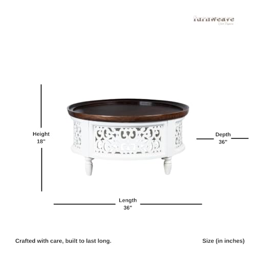 Image of Wooden Carved Coffee Table for Living Room | Center Table for Living Room Furniture | Solid Wood Round Tea Table for Home | Durable & Stylish Coffee Table for Home, Bedroom & Office (White)