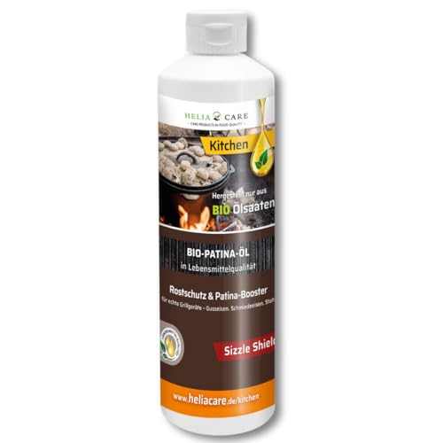 HeliaCARE BIO Einbrenn‑ & Patina Öl „Sizzle Shield“ - Nachhaltige Gussrost Pflege - Premium Dutch Oven Zubehör - Patinaöl für Smoker & BBQ - Grill Gusseisen Pflege aus Deutschland (500ml)