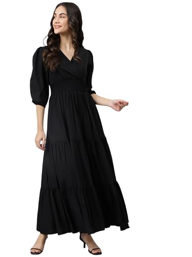Image of Femvy Women's Fit and Flare Maxi Dress Rayon 3 /4 Sleeve Solid V-Neck Evening Dress 751