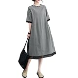 [CCGGOWMM] レディース ロングワンピース 半袖 ドレス フリルネック 切り替え シャツ ワンピース 千鳥柄 チュニックワンピース チェック ポケット付き カジュアル ファッション 薄手 きれいめ マキシ丈 体型カバー 着痩せ 普段着 通勤 春夏