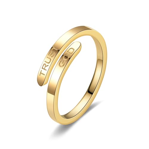 LIU JUN Trust God Ring For Women, Inspirational Ring Engraved TRUST GOD Fashion Stainless Steel Adjustable Religious Faith Rings for Women Men Jewelry Gifts