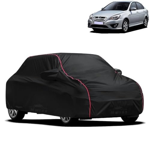 Image of Waterproof Car Cover for Hyundai Verna Transform | All-Weather Protection, Dustproof & UV Resistant | Triple Stitched Mirror Pockets, Windproof Buckle Strap with Elastic Hem, Black-Red Piping