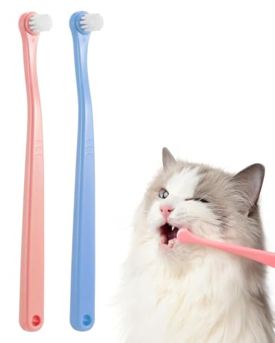 HUVZOR 2 pezzi spazzolini da denti per cani, per animali domestici con setole nano ultra morbide, igiene orale per gatti e animali domestici, per denti sensibili alle gengive(blu ​​+ rosa)