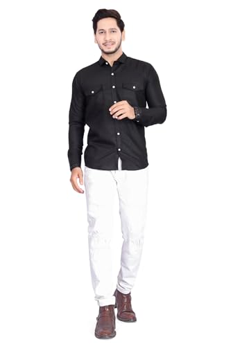 Image of Men's Cotton Spread Collar Full Sleeve Regular Fit Solid Casual Shirt with Double Pockets - Stylish Comfortable Shirt for Everyday Wear