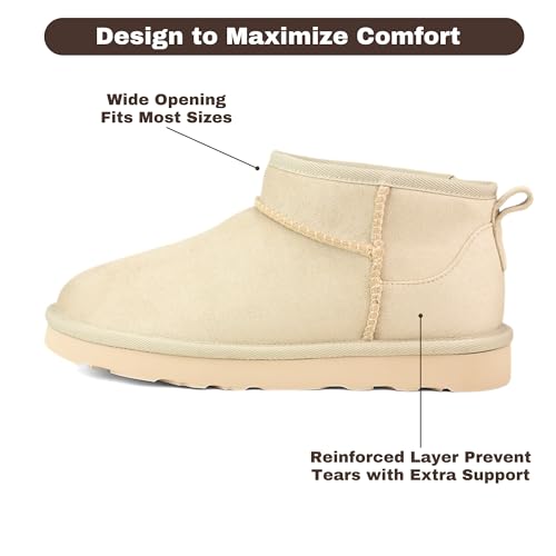 Women’s Winter Ankle Mini Boots, Vegan Suede Fuzzy Snow Boots with Warm Faux Fur Lining, Classic Ultra Mini Booties Anti-Slip Lightweight (Brown/Sand/Black, US Women Size 6-9)3