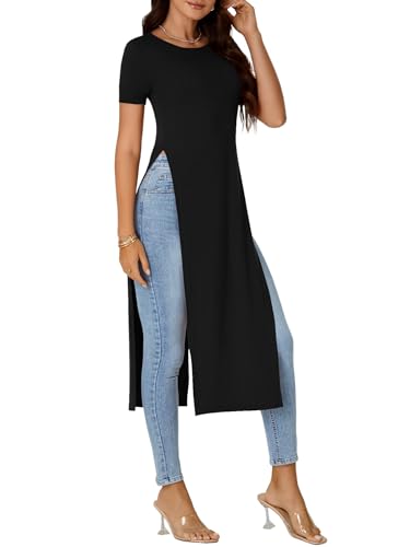 OPOIPIN Women's Crew Neck Split Slit Hem Short Sleeve Slim Fit Tee Top Long Shirt Tunic3