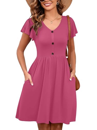 Image of Heymoments Women's Ruffle Sleeve V Neck Swing Sundress Summer Casual A-Line Midi Dress with Pockets S-2XL
