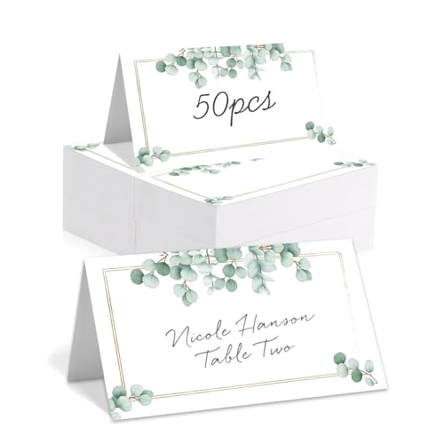 HOPNKN - Place Cards for Table Setting, 2” x 3.5" Folding Tent Name Place Cards with Green Leaves Border for Weddings, Banquets Dinner Parties (50 Pack) - -12%