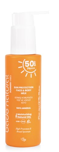Image of Bade Natural Mineral Sunscreen Milk SPF 50 - Broad Spectrum UVA /UVB Protection for Face & Body with Zinc Oxide, Calendula Oil & Vitamin B5 - 3.38 fl oz