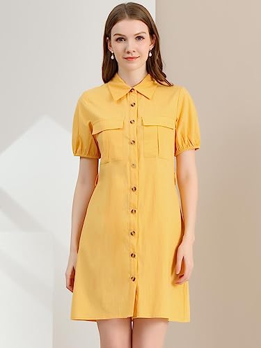 Image of Allegra K Women's Safari Dress Collared Short Sleeve Cotton Belted Button Down Shirt Dresses