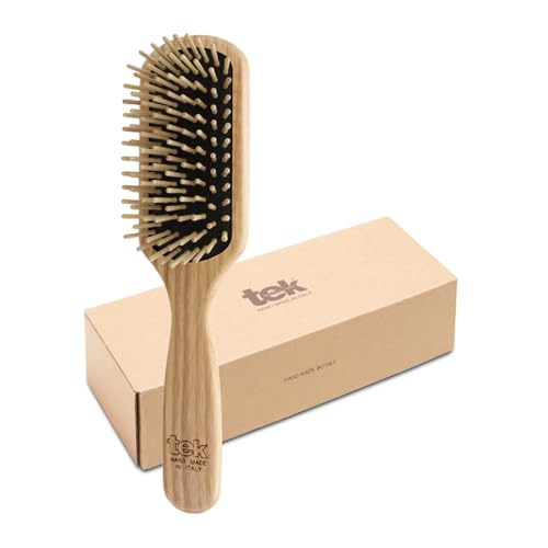 TEK – Mittelgroße rechteckige Bürste aus Eschenholz mit kurzen Zinken, handgefertigt in Italien, für feines oder glattes Haar, zum Entwirren und Massieren