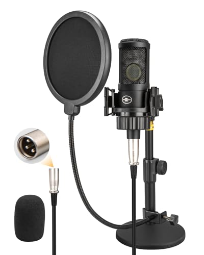 XLR Condenser Microphone with 26mm Large Diaphragm, Professional Cardioid Recording Studio Mic Kit with Metal Desktop Stand, Pop Filter for Streaming, Podcasting, Gaming, Voice-Over, Vocal, Youtube