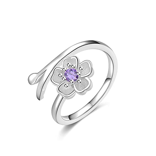Bague Ouverte En Forme De Fleur En Oxyde De Zirconium Pour Femme Et Fille Plaqué Argent Cristal Rose Violet Jolie Fleur De Cerisier Réglable Bague De Doigt...