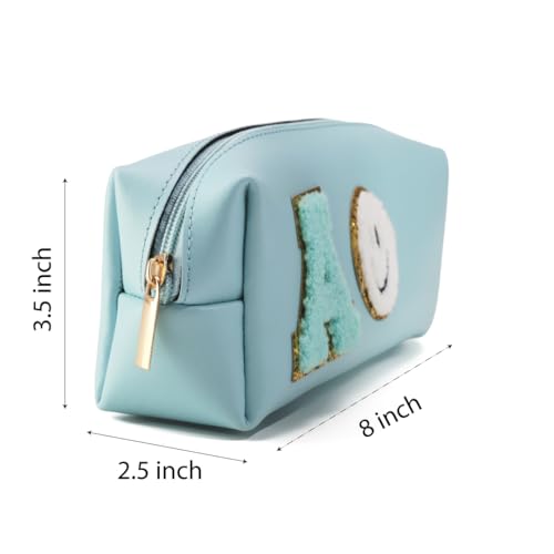 Image of AICA Gifts Personalized Leather Pencil Pouch (Blue) with Embroidered Alphabet & Patch | Pencil Pouch for Kids | Birthday Gift | Birthday Return Gift |Gift for Kids Age 6-10