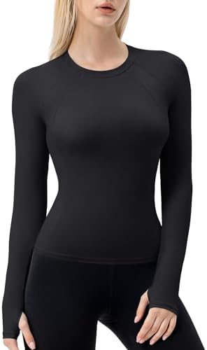 Clilopoal Black Long Sleeve Workout Shirts Women UPF 50+ Sun Protection Compression Tee Dry Fit Breathable Hiking Gym Tops