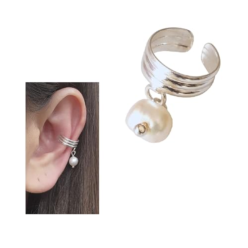 Handmade Tiny Single Pearl Wide Band Adjustable Ear Cuff, 925 Sterling Silver Clip On Ear Wrap Non Piercing Huggie Earrings for Women, Dainty Fake Ear Cartilage Clips, By MiYa Jewelry