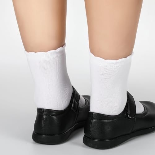 4 Pairs Girls School White Sock School Uniform Dress Socks Ruffle Ankle Crew Socks for Girls Kids Size 4-12 Years4
