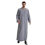 Arab Muslim Thobe for Men Long Sleeve Kaftan Thobe with Pockets Saudi Arabic Robe Ramadan Clothes Islam Kimono Middle East Dubai Islamic Robes Casual Caftan Abaya Prayer Dress Eid Shirt Gown Grey S