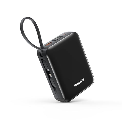 Philips (フィリップス) モバイルバッテリー 20000mAh 大容量 PD 22.5W 急速充電 Lightning type-c ケーブル内蔵 タイプc ライトニング 4台同時充電 携帯便利 充電器 iPhone 16 / 15 Android iOS スマホ対応 PSE認証済 ブラック DLP2722CB