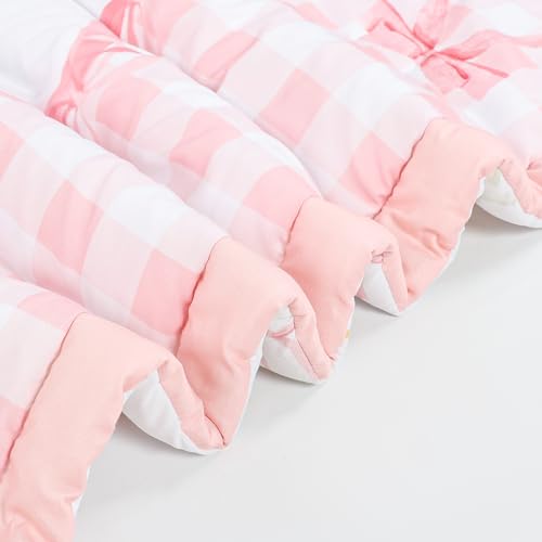 Image of Baby Crib Bedding Set for Girls, 4 Pcs Pink Gingham Baby Gril Crib Comforter Sets Include Crib Skirt, Comforter, Fitted Sheet, Diaper Stacker, (Cute Duck & Bow)