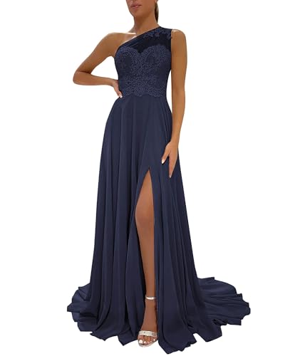 Image of LANGKAAO One Shoulder Lace Bridesmaid Dresses Long for Wedding A-Line Chiffon Slit Formal Party Gown with Pockets