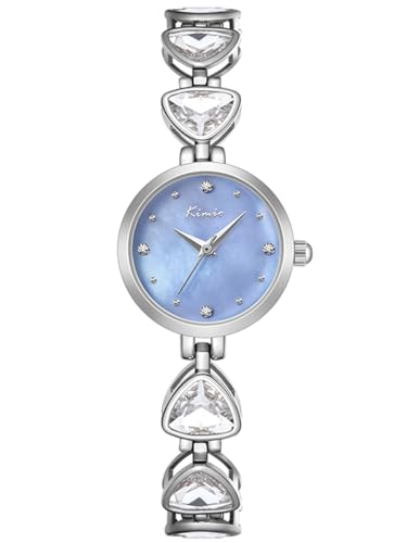 Alienwork Armbanduhr Damen Silber Edelstahl Metallarmband Blau Perlmutt-Zifferblatt Strass-Steinen Ultra-flach
