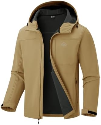 BGOWATU Men's Softshell Jacket Fall Winter Warm Fleece Lined Hooded Jacket Lightweight Windbreaker Insulated Coats with Pockets Khaki M