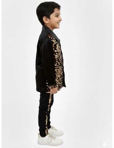 Image of BookMyCostume Western Dance Costume for Boys - Black & Golden Sequin Collared Shirt & Pants Set | Annual Day Dance Dresses & Fancy Dress for Stage Shows & Performances | 4-5 Years